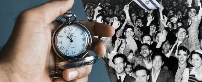 Stopwatch held over a historical crowd scene with an Israeli flag - signs of the antichrist