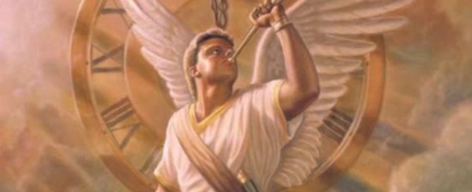 Angel blowing a trumpet in a golden sky - bible prophecy