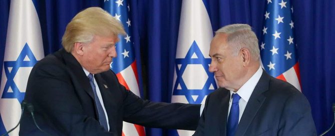 Two political leaders shaking hands in front of American and Israeli flags - prophecy news watch