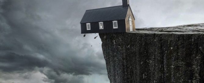 Church building perched on the edge of a cliff under storm clouds - are we in revelations right now