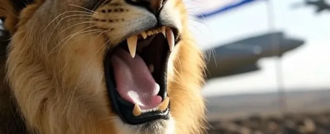 Roaring lion with an Israeli flag blurred in the background - prophetic news from israel