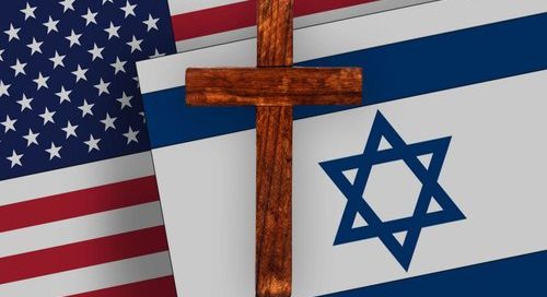 Wooden cross in front of blended American and Israeli flags - antichrist bible prophecy