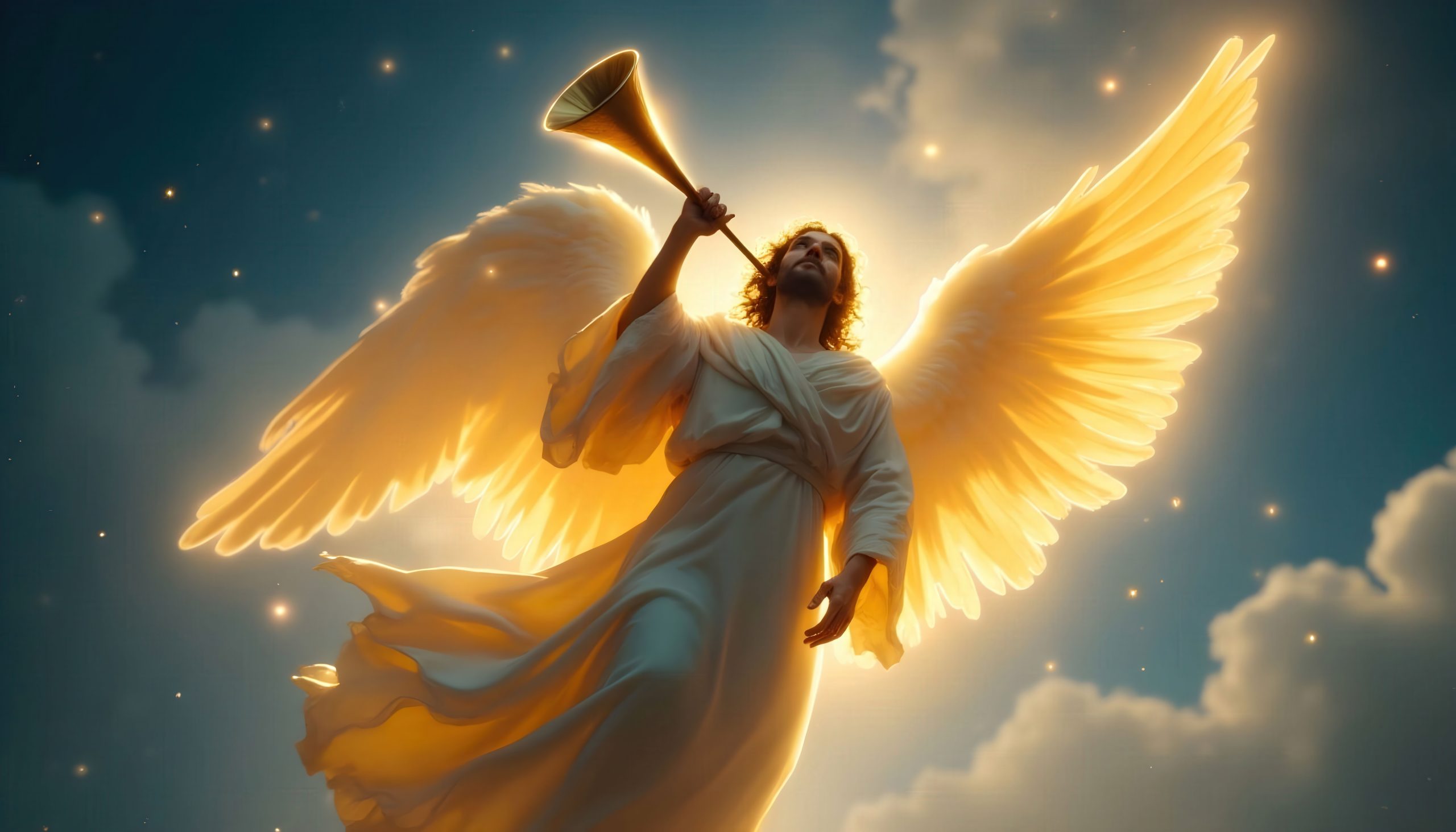 Angel blowing a trumpet in a glowing sky - eschatology chart