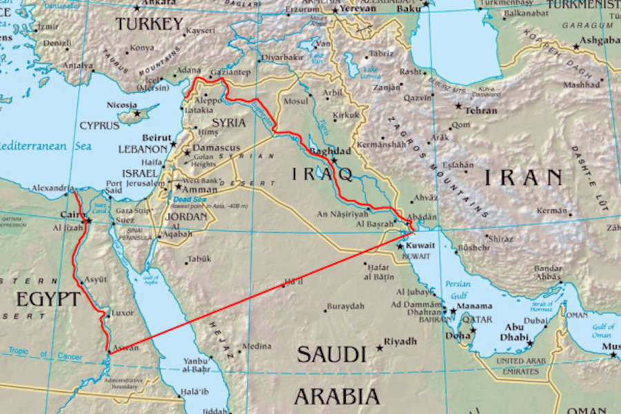 Map showing the Middle East region with marked routes - rapture and end times