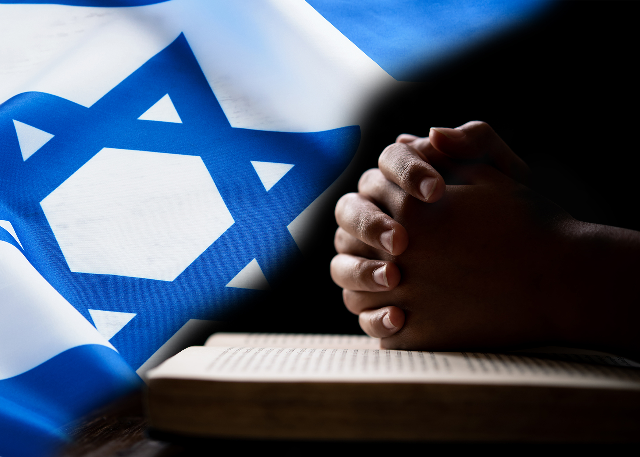 Hands clasped in prayer in front of an Israeli flag - signs of the rapture